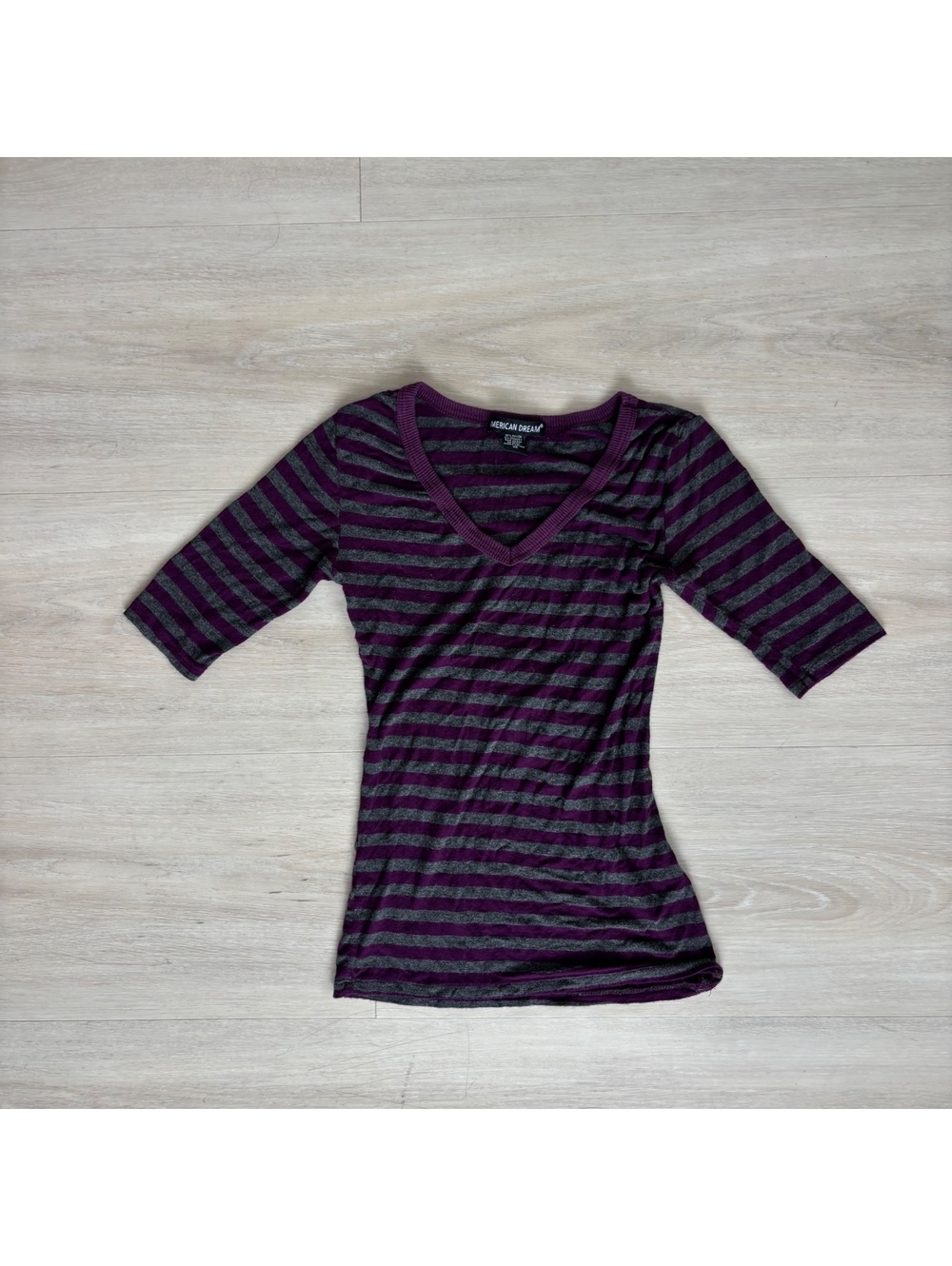 American Dream Y2K Womens XS Purple Gray Striped V Neck Fitted Stretch Top